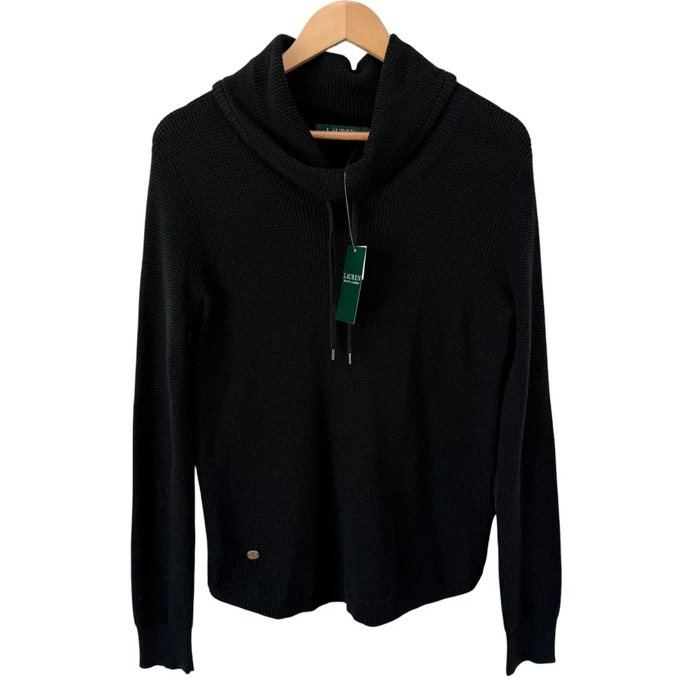 NWT Ralph Lauren Drawstring Cowl Neck Sweater‎ Sz M Black Combed Cotton Slouchy